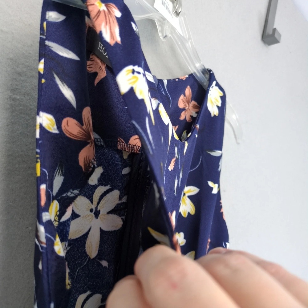 Homeyee Navy Floral Fit & Flare Knee Length Dress Sz M Crochet Lace Waist Panel - Picture 10 of 10